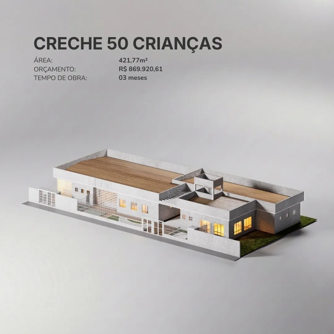 Creche 50 Crianças — área 421,77m², orçamento R$ 869.920,61, tempo de obra 03 meses