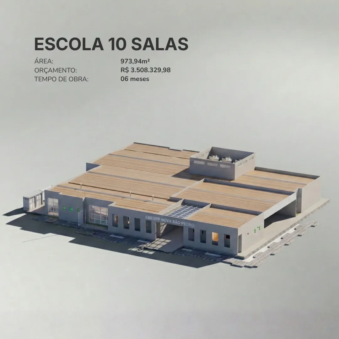 Escola 10 Salas — área 973,94m², orçamento R$ 3.508.329,98, tempo de obra 06 meses